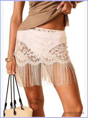 Fringe Lace Skirt Mesh Mini Boho Skirt Festival Outfit Tassel Hem